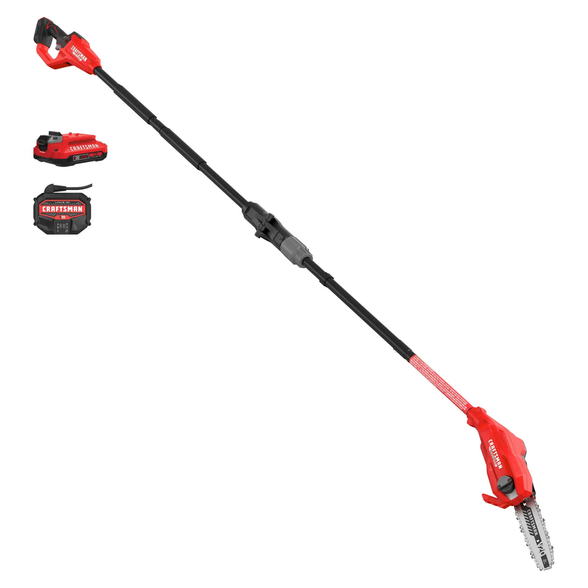 Craftsman CMCPS630D1 cordless pole saw kit with battery and charger, side angle on white background.