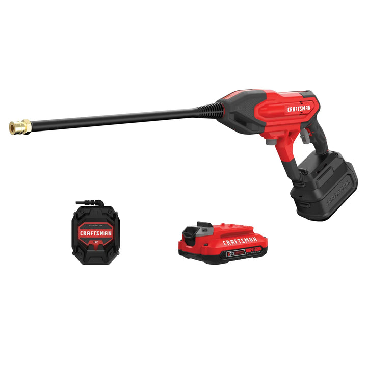 Photo of Craftsman CMCPW350D1 cordless power washer with battery and charger on white background.