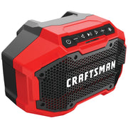 Craftsman CMCR001B Bluetooth speaker, red and black, angled front view, rugged design, logo on grille.