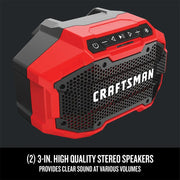 Photo of Craftsman red and black portable speaker, SKU CMCR001B, angled front view with control buttons visible.