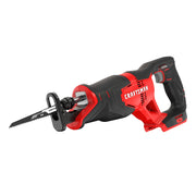 Photo of Craftsman cordless reciprocating saw, black and red, SKU CMCS300B, side angle on white background.