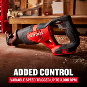 A red and black CRAFTSMAN reciprocating saw (model CMCS300B) rests on a workbench in a workshop. The saw features an ergonomic handle and highlights a variable speed trigger capable of up to 3,000 RPM. The text at the bottom states: 'ADDED CONTROL - VARIABLE SPEED TRIGGER UP TO 3,000 RPM.'