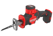 Photo of Craftsman CMCS340B cordless reciprocating saw, red and black, angled on white background.