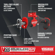 Photo of Craftsman CMCS340B brushless reciprocating saw on white background, showing tool-free blade release, brushless motor, pivoting shoe, LED light, and variable speed trigger features.