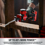 Photo of Craftsman cordless reciprocating saw CMCS340B cutting wood, handheld in workshop setting.