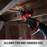 Photo of Craftsman cordless reciprocating saw CMCS340B cutting pipe in tight space, held with one hand.