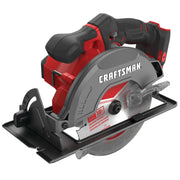 Photo of Craftsman cordless circular saw CMCS500B, red and black, side angle on white background.