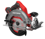 Photo of Craftsman brushless cordless circular saw CMCS550B, side angle, red and black design.