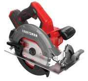 Photo of Craftsman cordless circular saw, SKU CMCS550B, silver and red, front angle on white background.