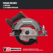 Photo of Craftsman V20 brushless circular saw CMCS550B with 24T carbide tipped blade, side view on red background.