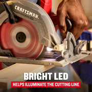 CRAFTSMAN CMCS551B circular saw with visible bright LED illuminating the cutting line while in use.