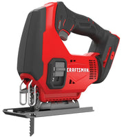Photo of Craftsman cordless jigsaw CMCS600B, red and black, right angle view, tool category.