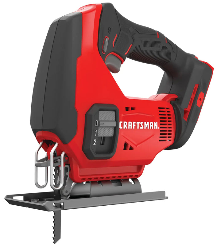 Photo of Craftsman cordless jigsaw CMCS600B, red and black, right angle view, tool category.