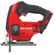 Photo of Craftsman cordless jigsaw CMCS600B, red and black, side angle, visible blade and grip handle.