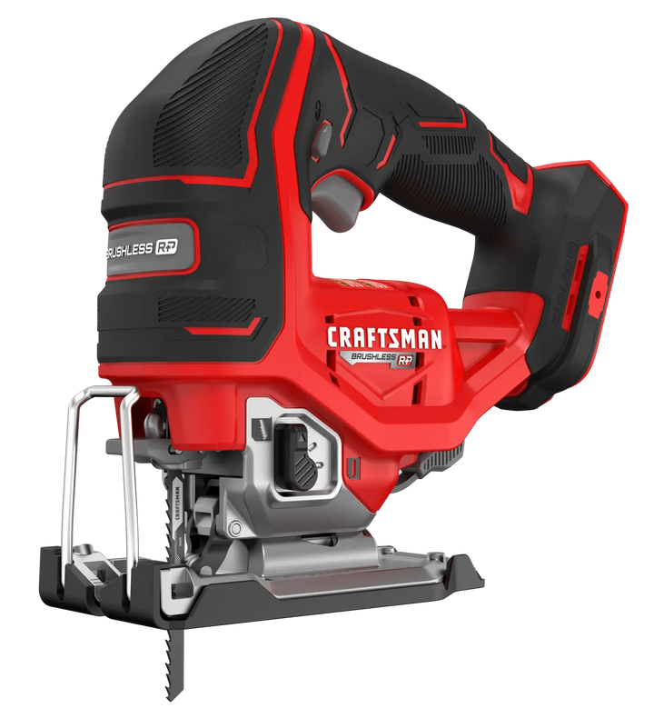 Photo of Craftsman cordless brushless jigsaw, red and black, SKU CMCS650B, front angled view, power tool.