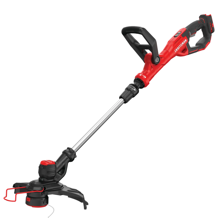 Photo of Craftsman cordless string trimmer, model CMCST900B, red and black, angled view on white background.