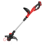 Photo of CRAFTSMAN cordless string trimmer, SKU CMCST900D1, red and black, side angle on white background.