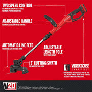 Craftsman CMCST900D1 red string trimmer with adjustable handle, two speed control, automatic line feed, graphics angle.