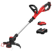 Photo of Craftsman cordless string trimmer CMCST900D1, red and black, with battery and charger, side angle.