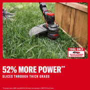 Photo of Craftsman string trimmer CMCST901B cutting thick grass next to a wooden planter box.