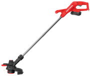 Photo of Craftsman cordless string trimmer, SKU CMCST915C1, red and black, side angle on white background.