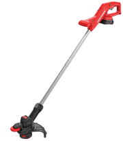 Photo of Craftsman CMCST915C1 cordless string trimmer with red handle, silver shaft, and black cutting head, side angle.