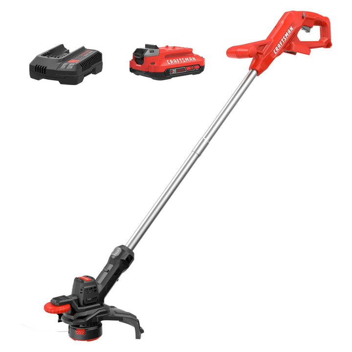 CRAFTSMAN CMCST915D1 red cordless string trimmer, battery, and charger on white background, side angle.
