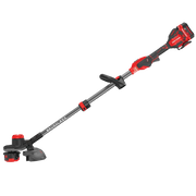 Photo of CRAFTSMAN cordless brushless string trimmer, model CMCST920M1, red and black, side angle on white background.