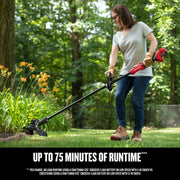 Photo of CRAFTSMAN cordless string trimmer CMCST930P1 used outdoors in a garden setting.