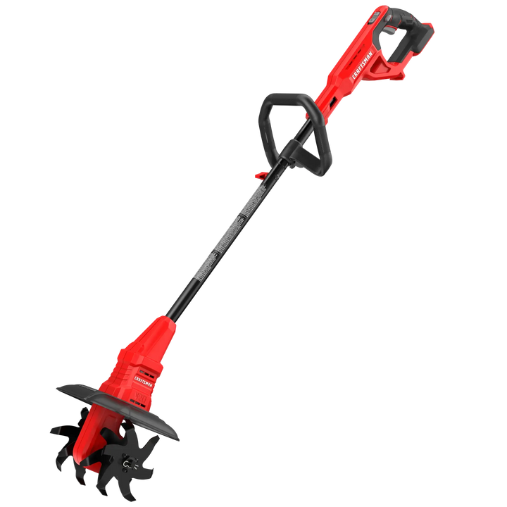 Photo of Craftsman CMCTL320B cordless garden cultivator, red and black, angled on white background.