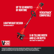 Craftsman CMCTL320B cordless garden tiller, red and black, side angle on white background, V20 lithium ion.