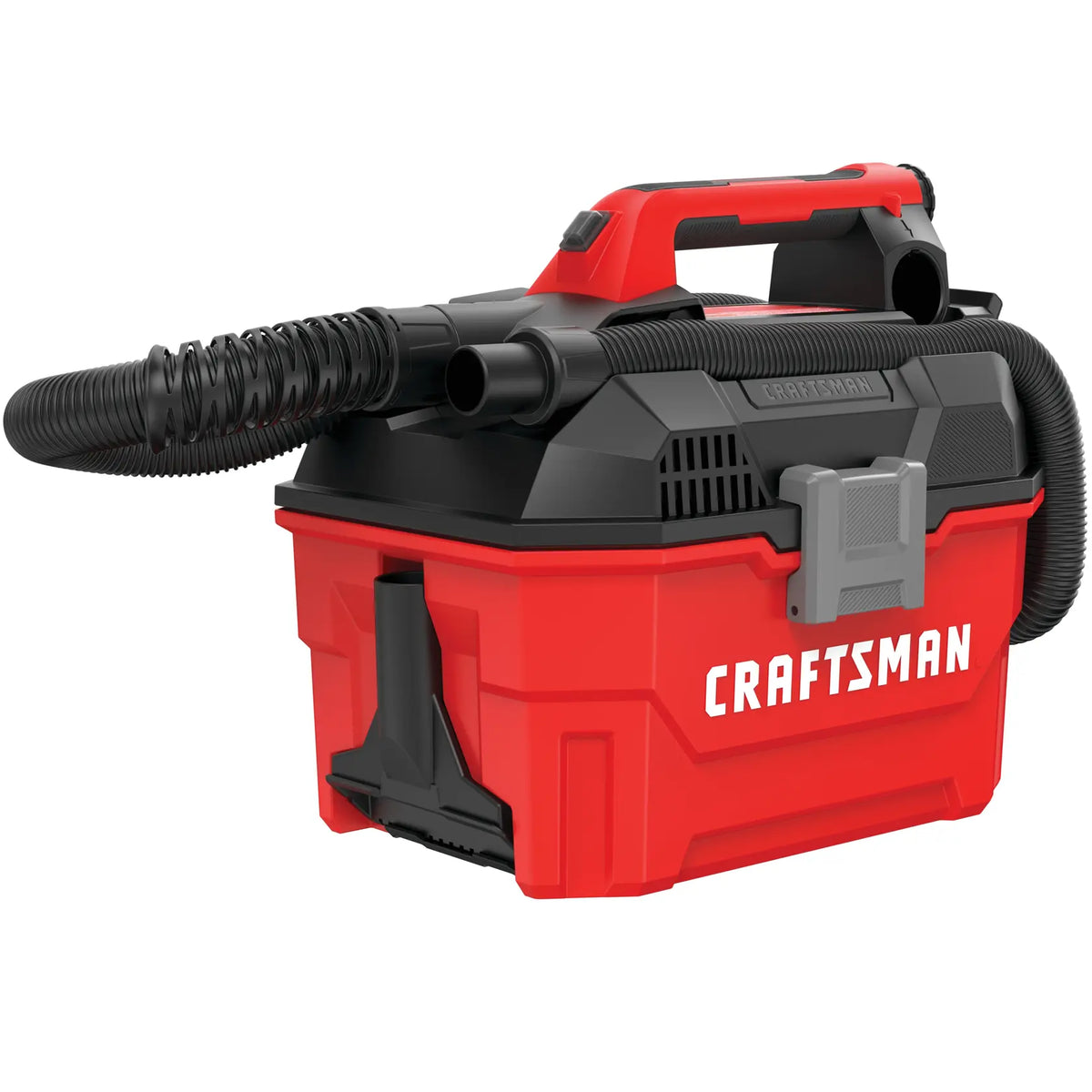 Photo of Craftsman CMCV002B red and black portable wet/dry vacuum with hose, front angle, white background.
