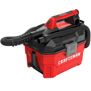 Photo of CRAFTSMAN CMCV002B portable wet/dry vacuum, red and black, with hose attached, angled view on white background.
