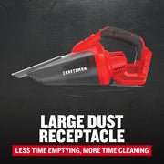 Photo of Craftsman cordless handheld vacuum CMCVH001B with large dust receptacle, side view on black background.