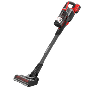Photo of Craftsman cordless stick vacuum, model CMCVS501M1, black and red, side view on white background.