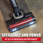 Close-up of Craftsman CMCVS501M1 cordless stick vacuum cleaning floor, black and red vacuum head with LED lights.
