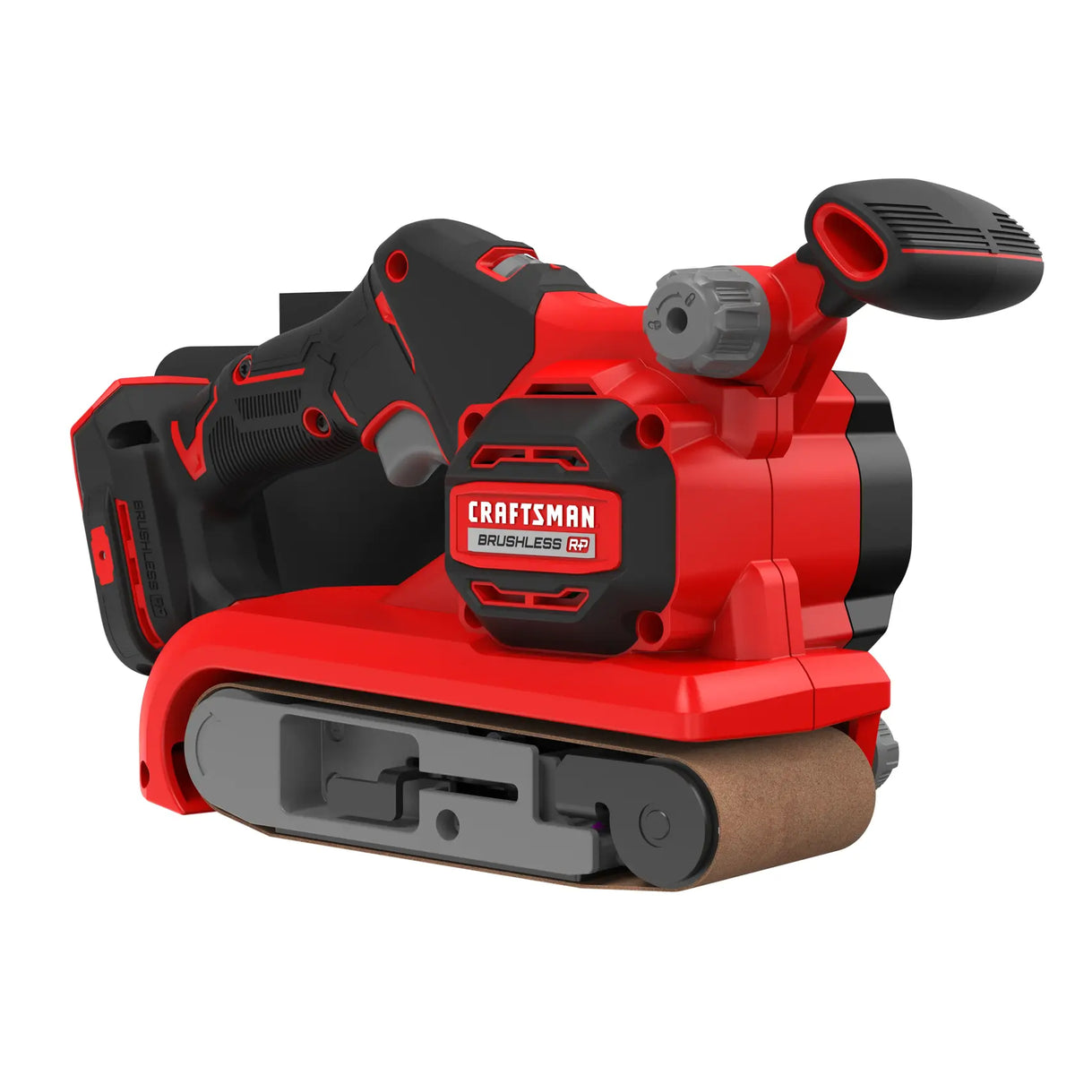 Front angle photo of Craftsman cordless belt sander CMCW223B, red and black with brushless motor.