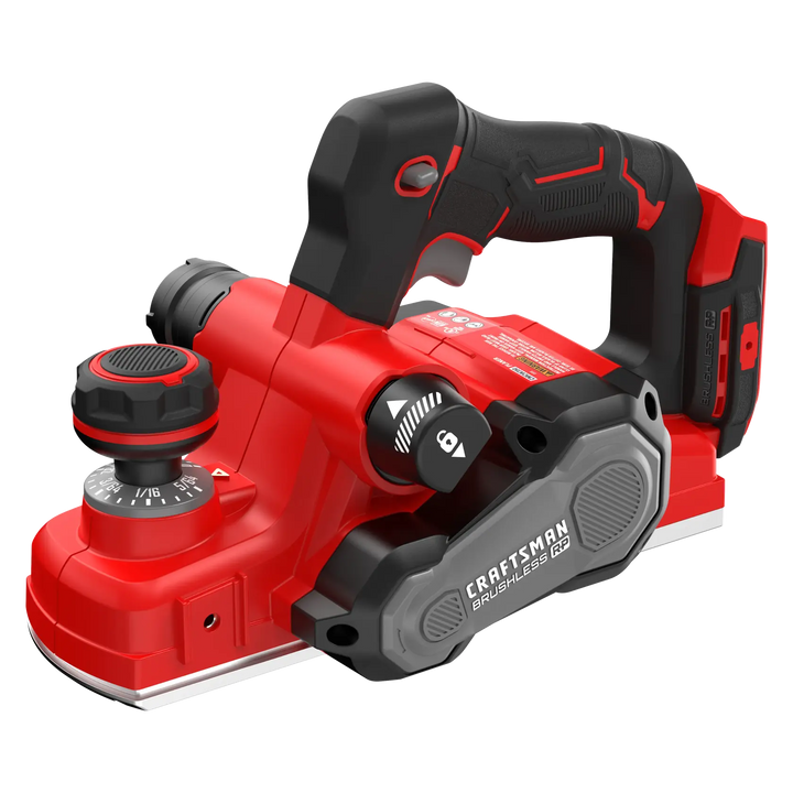 Craftsman cordless planer with black and red handle, front angle, SKU CMCW350B.