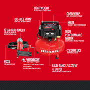 Photo of Craftsman CMEC1KIT18 air compressor kit with red 6-gallon tank, hose, and 18 GA brad nailer, front angle.