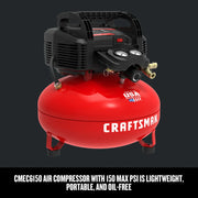 Photo of Craftsman CMEC1KIT18 air compressor, red tank and black motor, portable, pancake style, front angle on white.