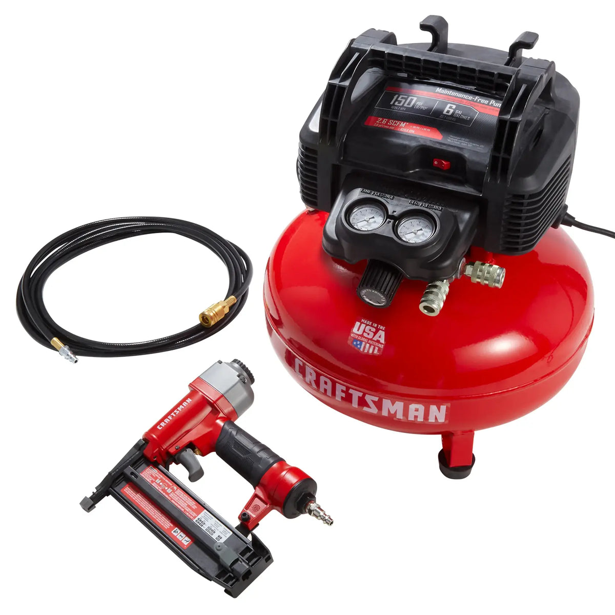 Photo of Craftsman CMEC1KIT18 air compressor kit with red pancake compressor, brad nailer, and black air hose, angled view.