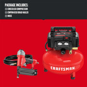 Photo of Craftsman compressor and brad nailer kit CMEC1KIT18, includes hose, shown on red background.
