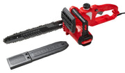 Photo of Craftsman CMECS614 electric chainsaw with blade cover, side angle, red and black design.