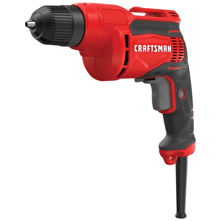 Photo of Craftsman corded drill CMED731, red and black, right side view on white background.