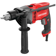 Photo of Craftsman corded hammer drill CMED741 with side handle, red and black, front angle on white background.