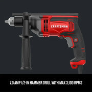 Photo of Craftsman hammer drill CMED741, red and black, side view, with side handle and 7.0 amp power.