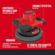 Photo of Craftsman CMEE100 buffer with contoured overmold grip and 10-inch orbital pad, front angle.