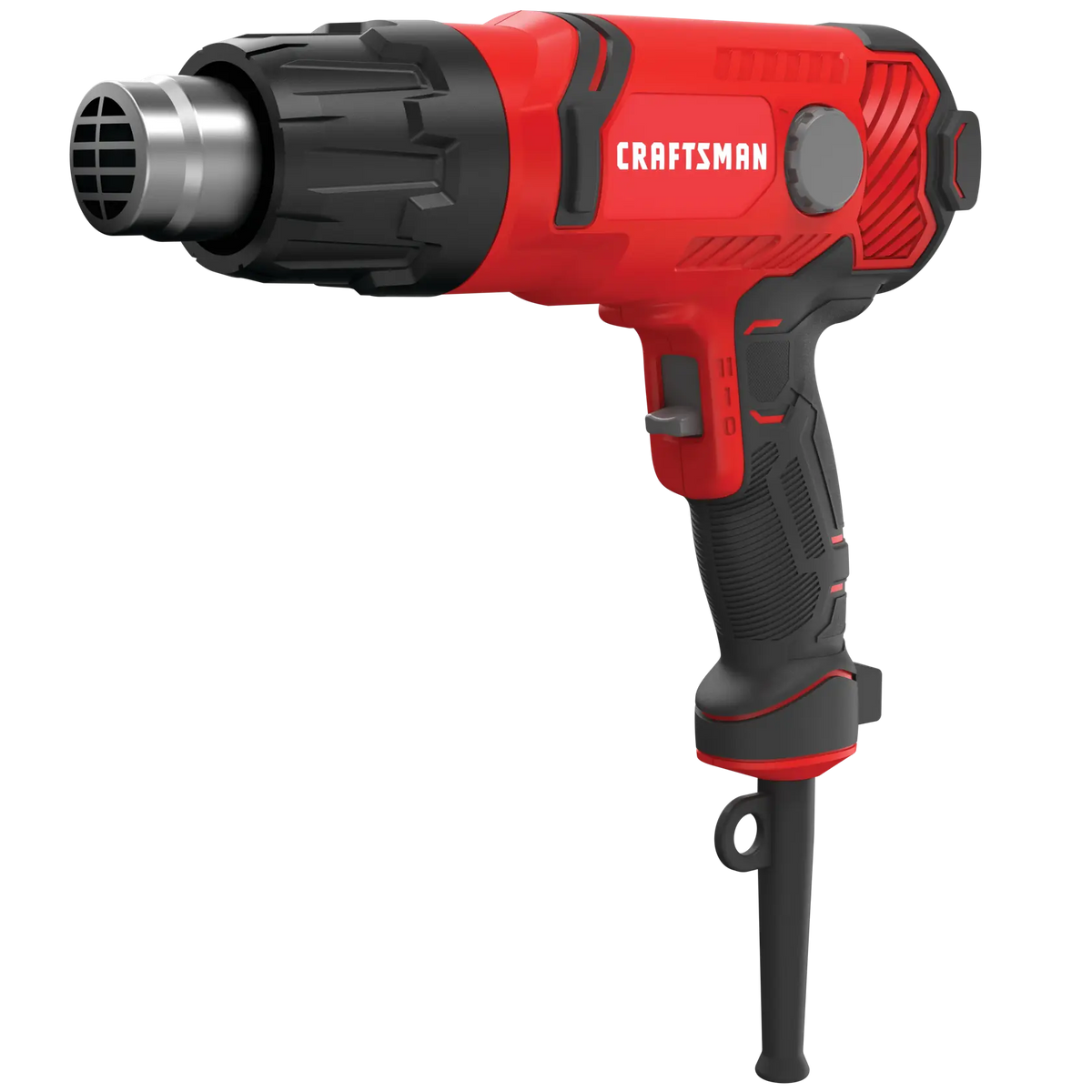 Photo of Craftsman CMEE531 heat gun, red and black, side angle, ergonomic grip, visible cord, white background.