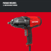 Photo of Craftsman CMEF901 impact wrench, corded, red and black, right side view on plain red background.