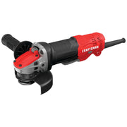 Photo of CRAFTSMAN CMEG200 angle grinder, black and red body, side handle, product shown on white background.